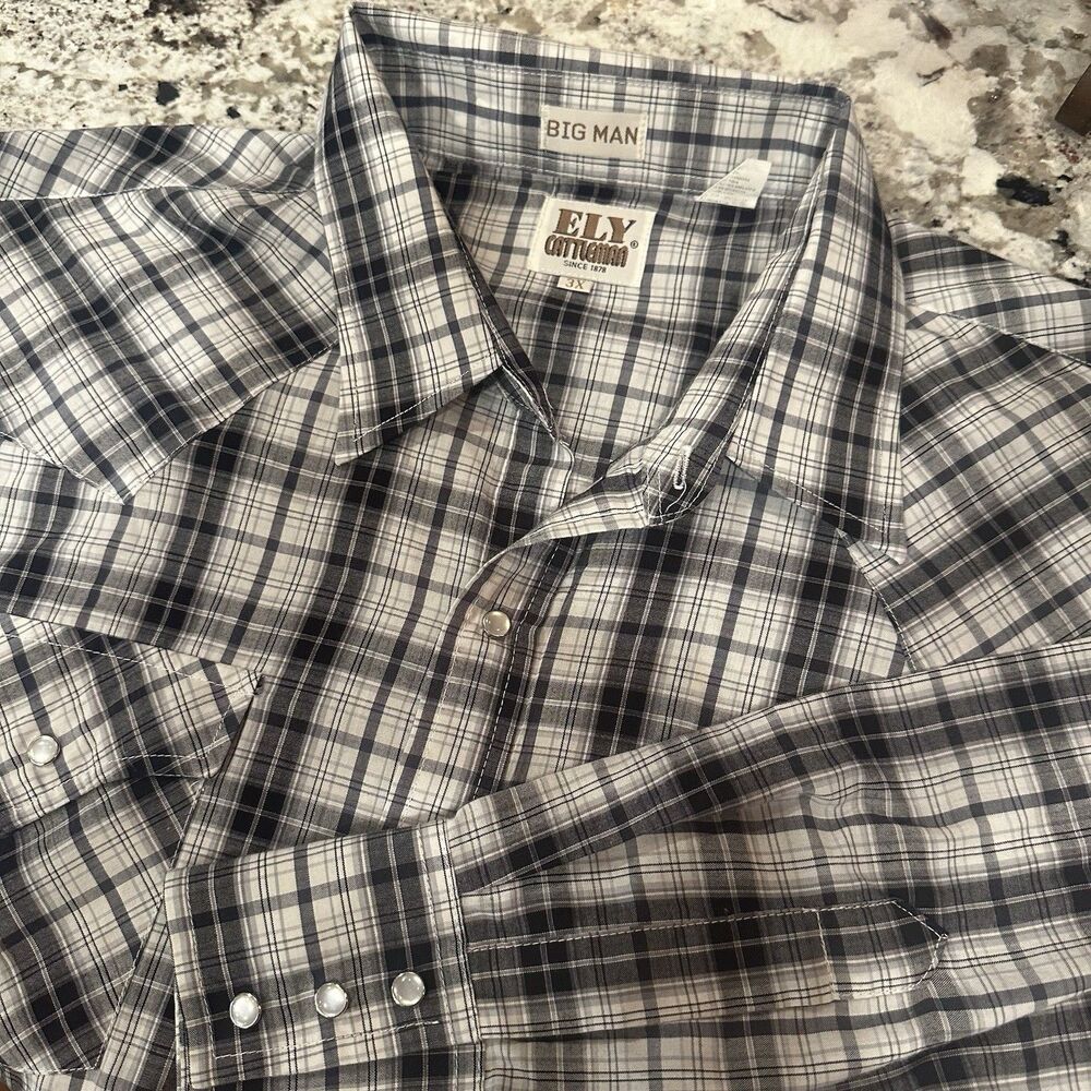 Ely Cattleman Shirt Mens 3XL Black Gray Plaid Western Pearl Snap Long Sleeve Big